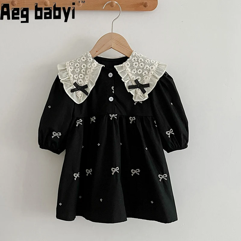 

Autumn Spring Baby Girl Dress Large Lapel Bow Embroidery Long Sleeve Dress Toddler Clothes Girl Kids Clothing Princess Dress