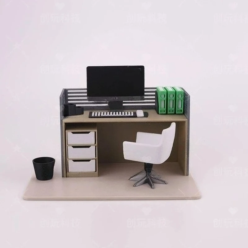 Realistic Office Scene Miniature Set - Filing Cabinet, Desk, and Chair