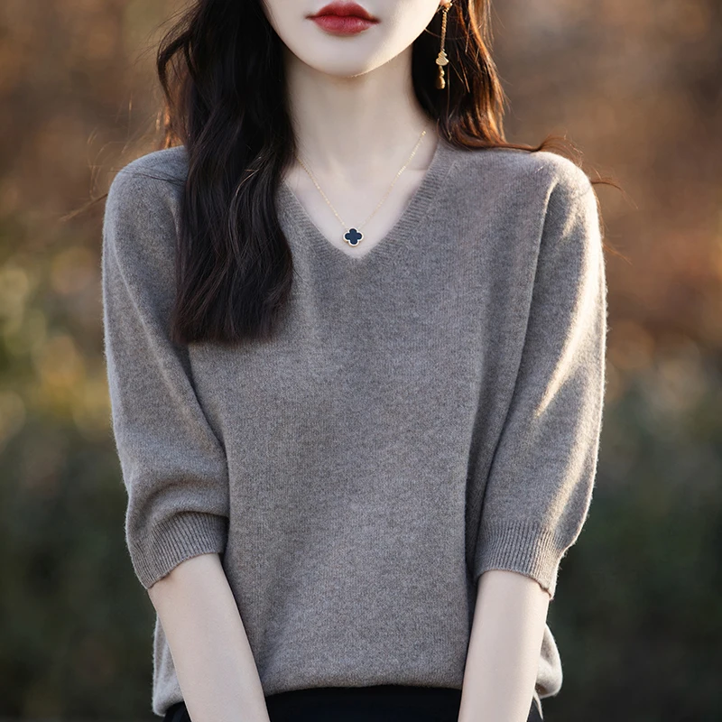 2025 100% ميرينو الصوف محبوك سترة بأكمام قصيرة خط...