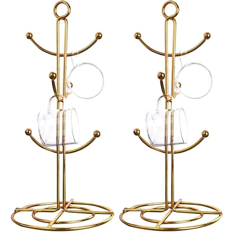 

2X Countertop Mug Tree, 6 Hook Coffee Cup Dryer Kitchen Coffee Mug Tree Countertop Tea Cups Holder Stand,Gold