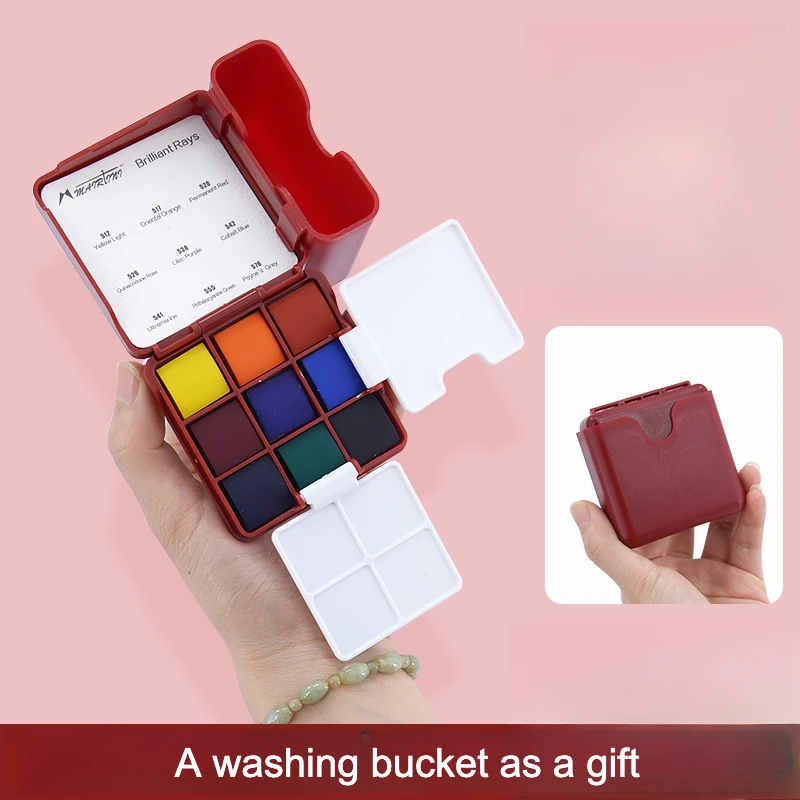 Travel Solid Watercolor Set Transparent Watercolor Paint 9 Colors Portable Sketching Painting Tool with Palette Washing Bucket