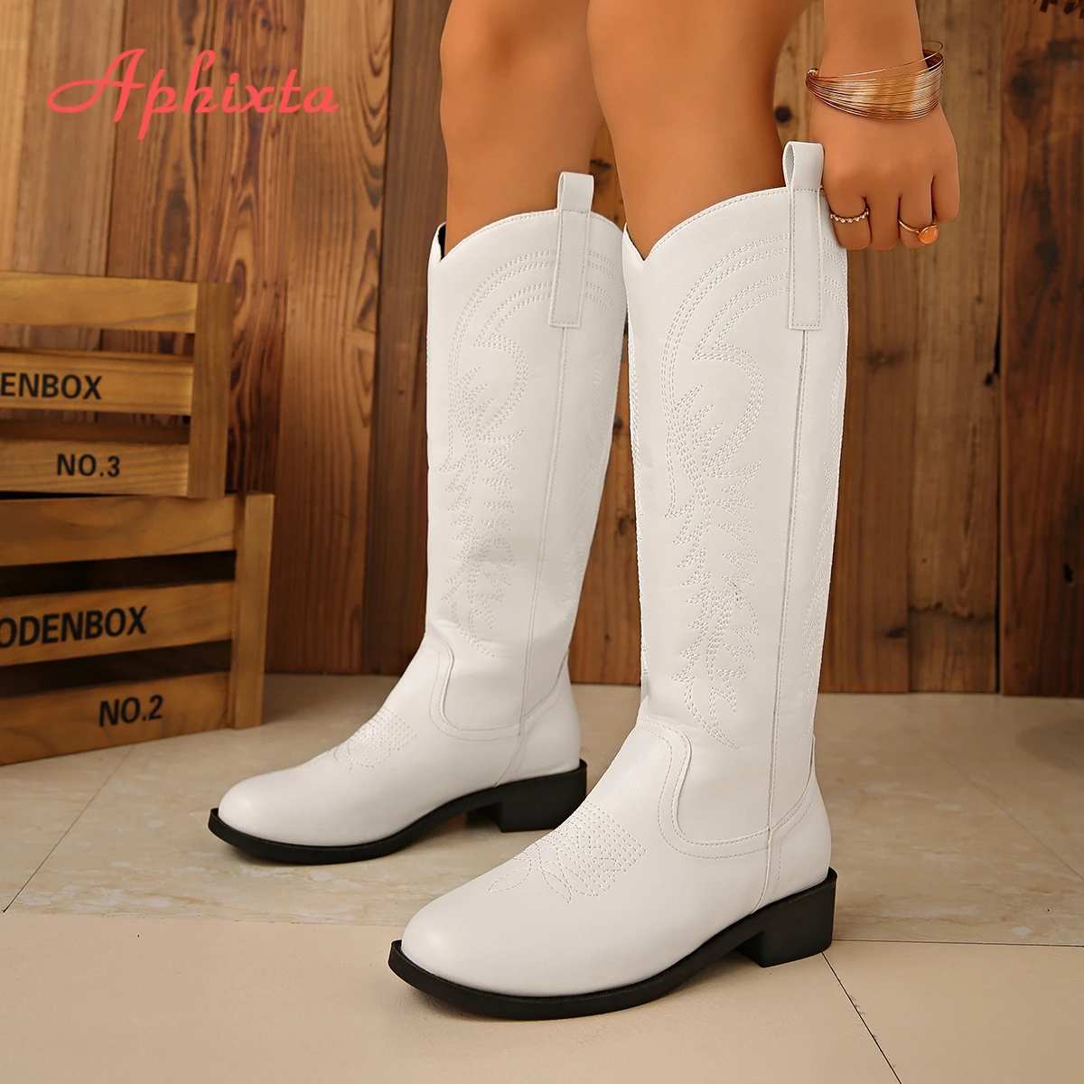 Aphixta Embroider Mid-Calf Modern Boots 3.5cm Square Heel Totem Design Long Boot Shoes Round Toe Black Big Size 43 Western Boot