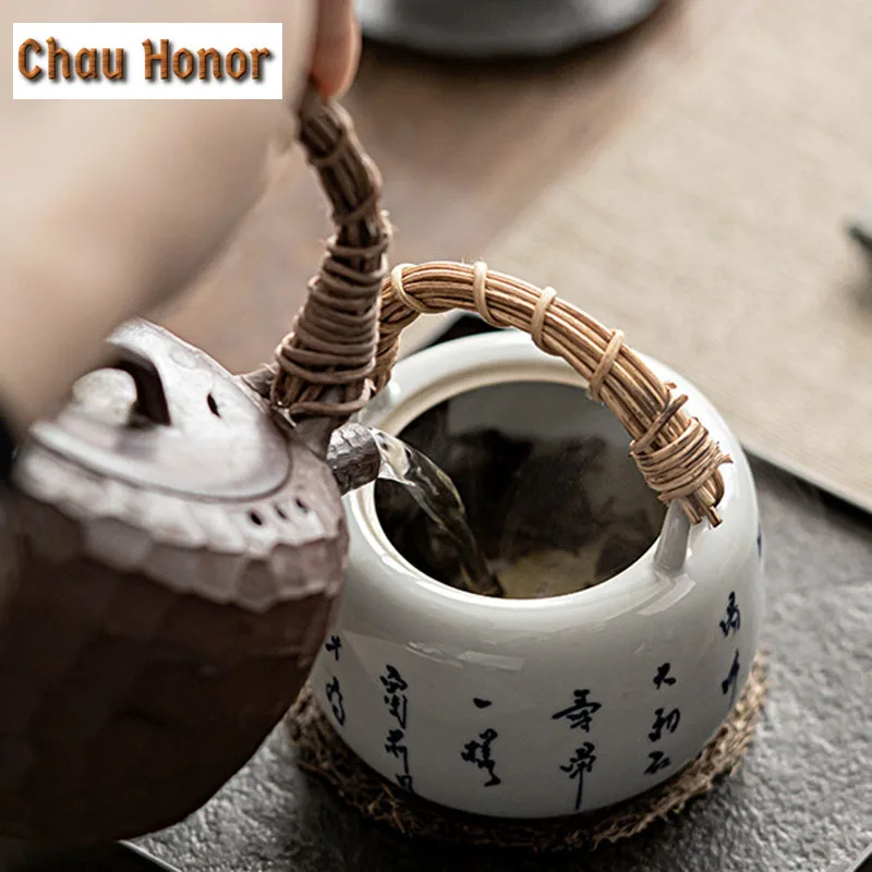 200ml Retro Handwritten Poems Art Teapot Household Tea Making Kettle Ceramic Rattan Beam Lifting Handle Pot Kung Fu Teaset Gift
