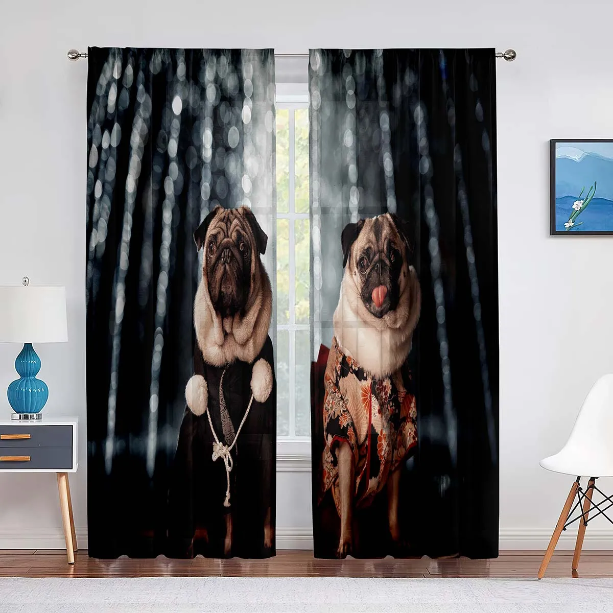 Cute Puppy Pug Dog Twins Tulle Curtains for Living Room Bedroom Home Kitchen Animals Window Sheer Voile Curtains Chiffon Drapes 3