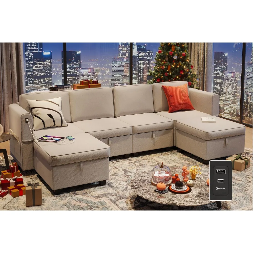 

Convertible Modular Sectional Sofa Sleeper with USB C Port Reversible Chaise U Shaped Modular Sofa with Storage Seat