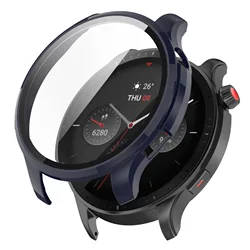 Premium Tempered Glass Screen Protector with Protective Cover and Bumper Shell for Amazfit GTR 4 (Midnight Blue)