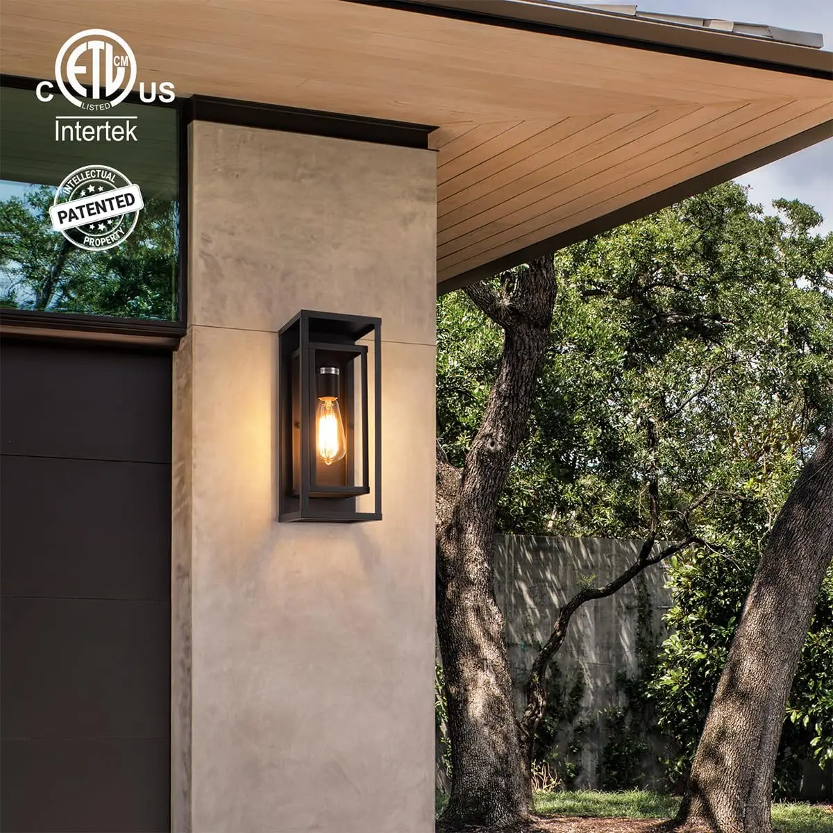 2 Pack Glass Wall Sconce Outdoor in Matte Black Waterproof Porch Light with Rectangular Metal Frame and Clear Glass Shade