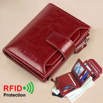 Fahion Women Genuine Leather Wallet RFID Blocking Short Multi Function Large Capacity Zipper Coin Purse Money Clip - Image 1