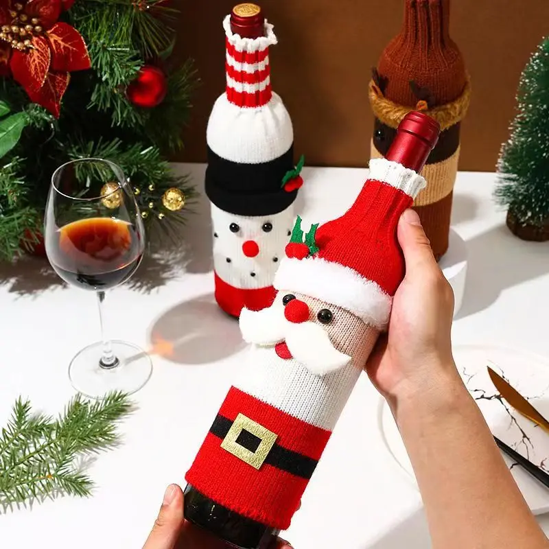 

Christmas Wine Bottle Set Christmas Decorative Cartoon Knitted Old Man Snowman Wine Set Holiday Restaurant Decoration