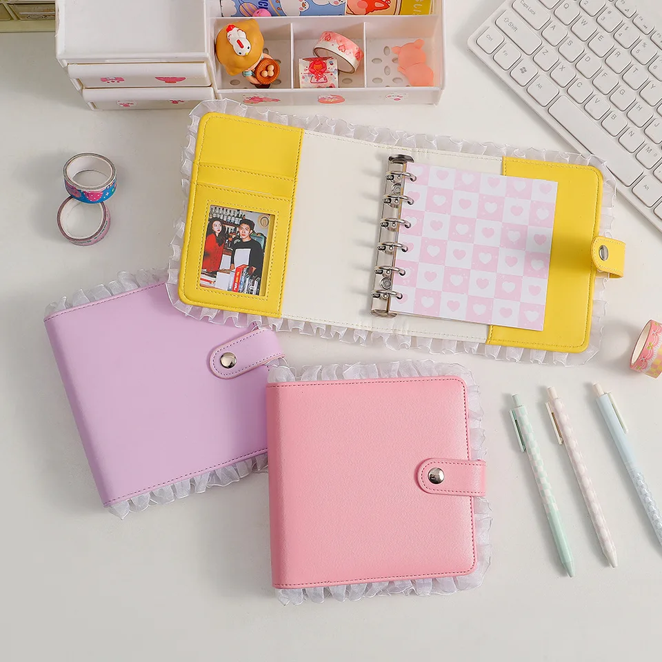 韓国 A6バインダー付き バインダーカバー ハート ブックカバー ラベンダー貯金 Kawaii Korea A6 6 Rings Binder Planner - Stylish Spiral Notebook