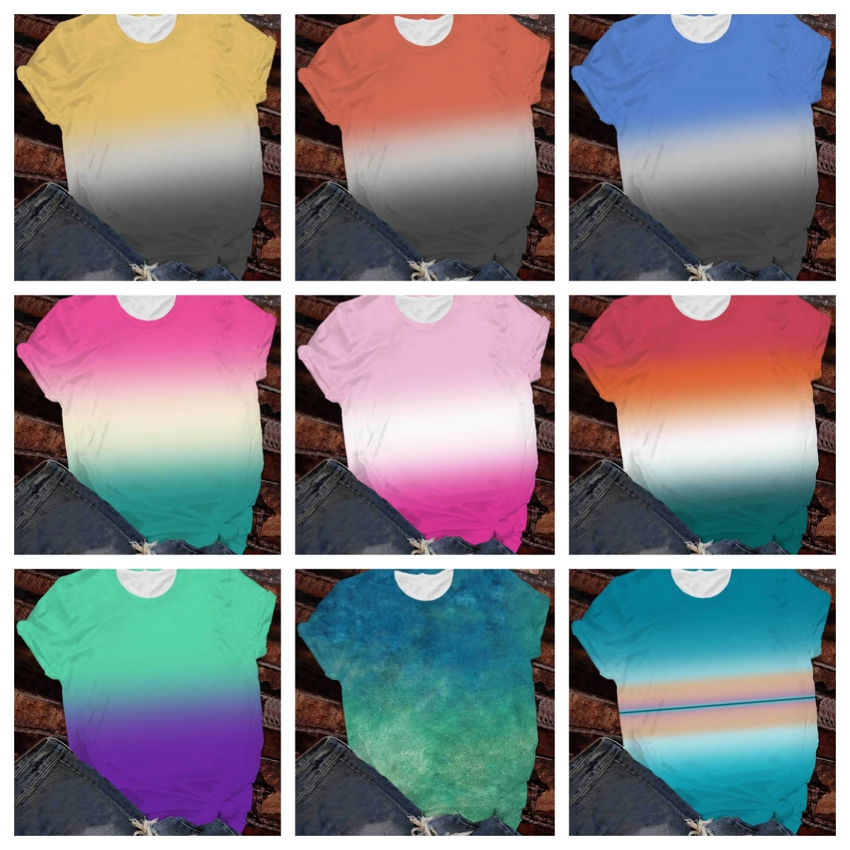 

New Heat Sublimation Polyester Gradual Color Round Collar Short Sleeve Thermal Transfer Color US Wholesale Short Sleeve T-shirt