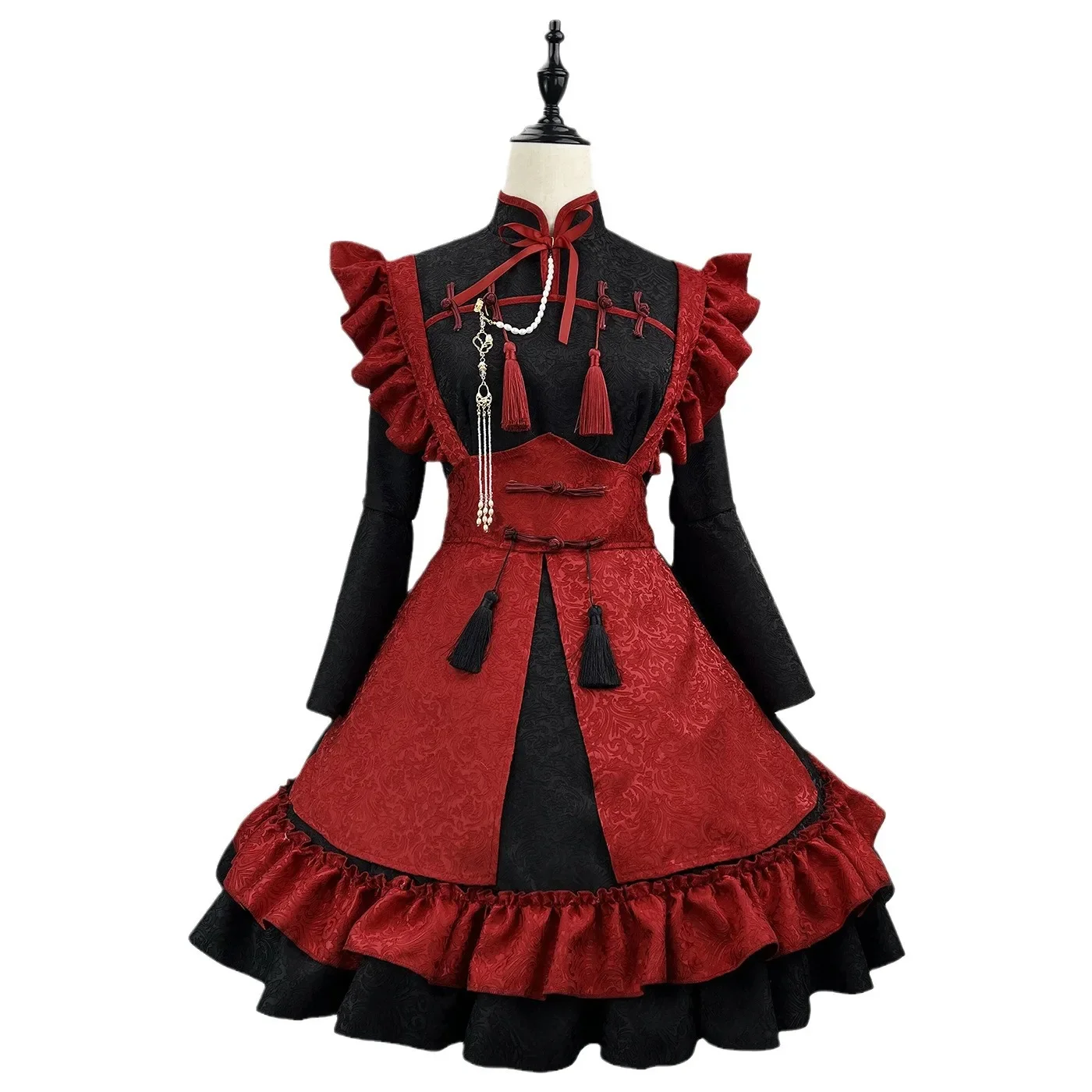 Anime Lolita cameriera vestito rosso nero cinese rilievo Jacquard Costume Cosplay ragazza cameriera vestito trend costumi del partito S -5XL