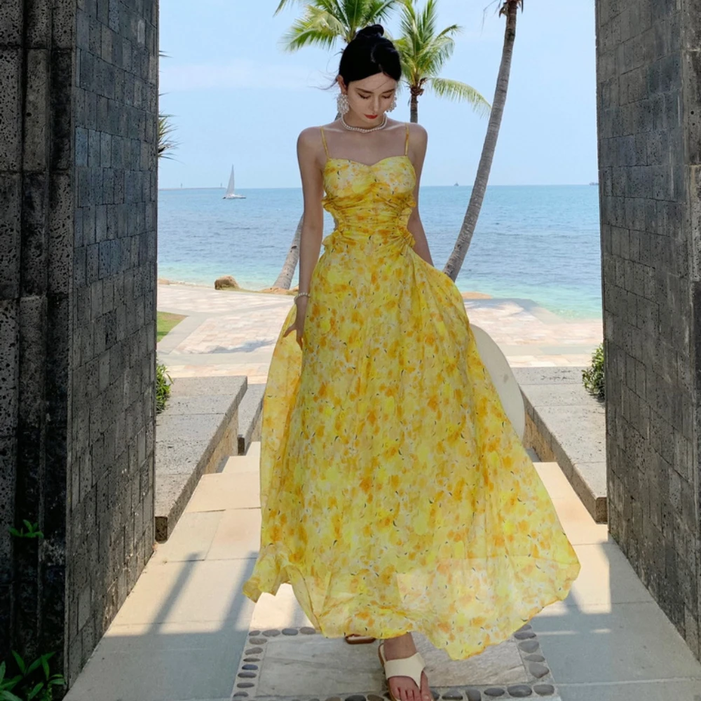 

French Yellow Chiffon Dress Women Elegant Sleeveless Floral Long Dresses Summer Sexy Backless Printed Beach Long Robe
