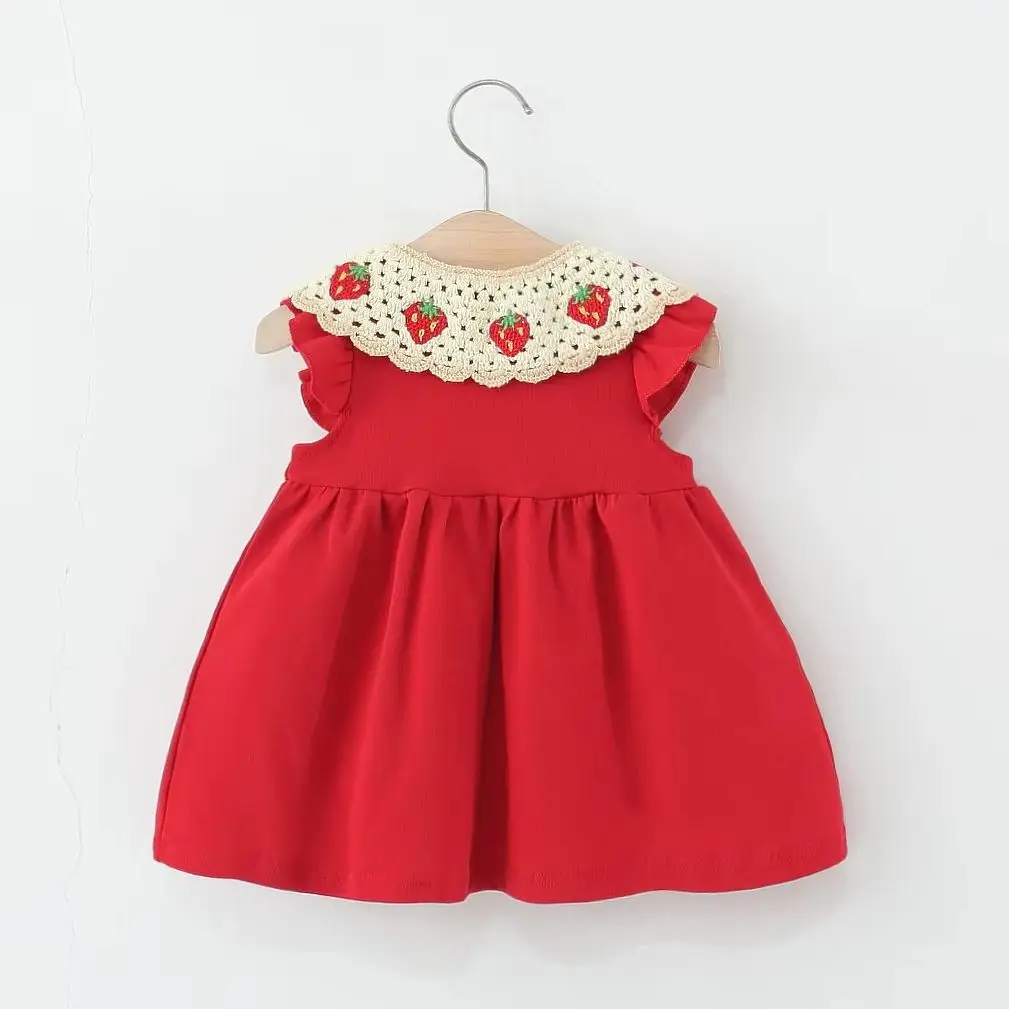 Baby Girl Bow Red Strawberry Dress Summer Element Knit Doll Collar Sleeveless Dress Baby Girl Dress with Bag 2