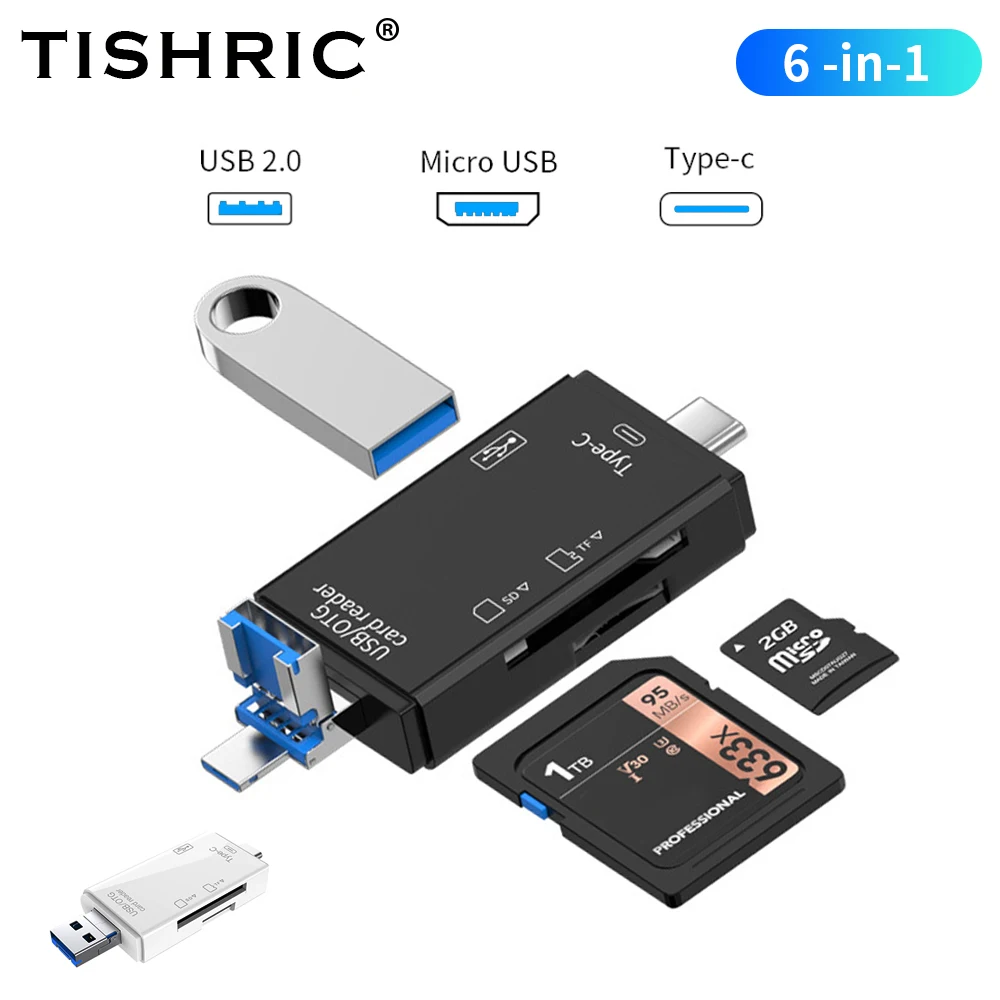 Tishric 6in1 Micro Sd Card Reader Tf Memory Adapter Usb2.0 Type C Otg