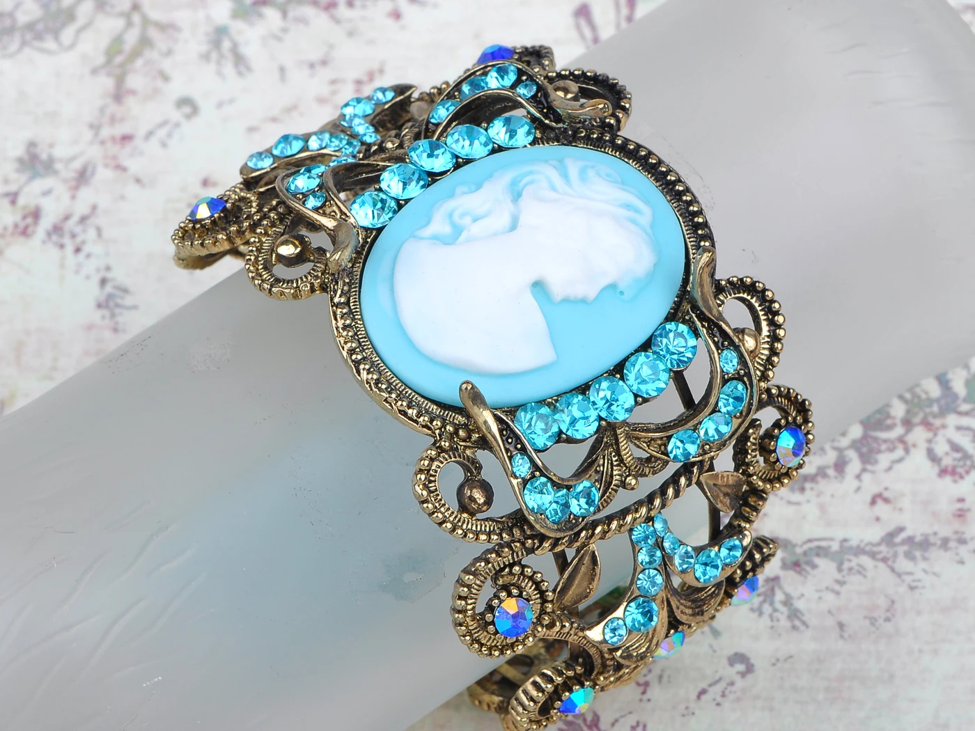 Golden Tone Blue Lady Girl Maiden Cameo Bangle Bracelet