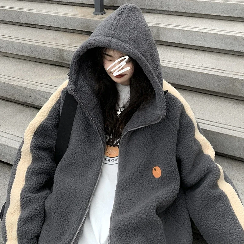 

Winter Lamb Wool Plush Zip Up Hoodie for Women Thicken Warm Fleece Hooded Jackets 2023 Korean Fashion Streetwear Ladies Overcoat