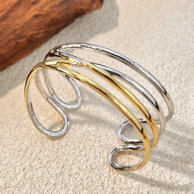 New Stainless Steel Hollow Geometric Cuff Open Minimalist Bracelet Bangle Multi Layer Striped Statement Waterproof Wrist Jewelry