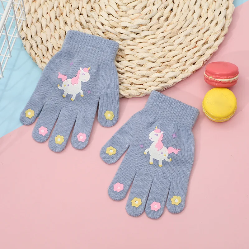 3-8 Years Kids Cartoon Gloves Cute Unicorn Winter Thick Warm Boy Girl Five Fingers Mittens Outdoor Windproof Student Gloves winter gloves