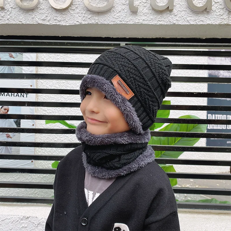 Winter Knitted Hat Children Plus Velvet Warm Scarf One-piece Cap Thickened Wool Cap Girls Ear Protection Kids Cold-proof Hat