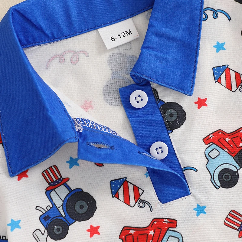 Toddler Boy 4th of July Shirts Truck Star Print Half Button-up Lapel Neck Short Sleeve Tops Casual Summer Clothes