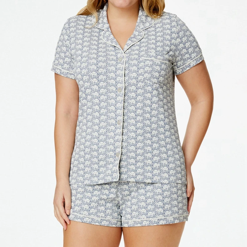 Women 2 Piece Loungewear Set Cartoon Animal Print Short Sleeve Lapel Button T-Shirt with Elastic Waist Shorts Comfy Sleepwear