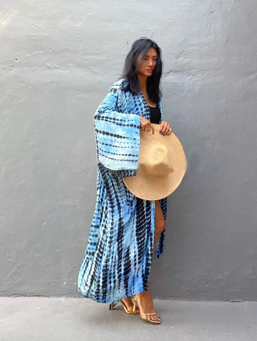 Women's Beach Cover Ups Open Front Tie Dye Maxi Cardigan Kimono Swimsuit with Belts 3