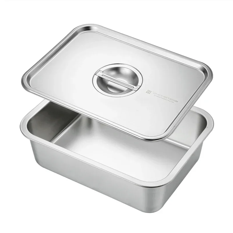 Thicken Stainless Steel Serving Tray with Lid Rectangle Metal Food Storage Plates Dish Cake Buffet Organizer Kitchen Container 6
