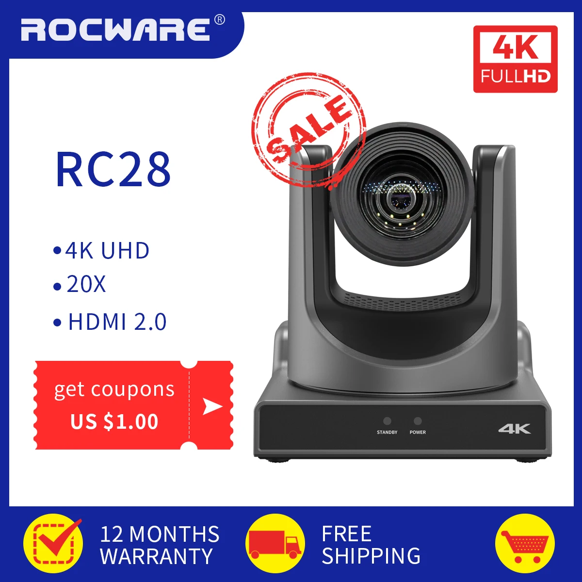 ROCWARE-RC28 4K UHD 화상 회의 카메라, 20x 광학 줌, NDI®| HX2 프로토콜 AI 추적 교회 비즈니스 회의