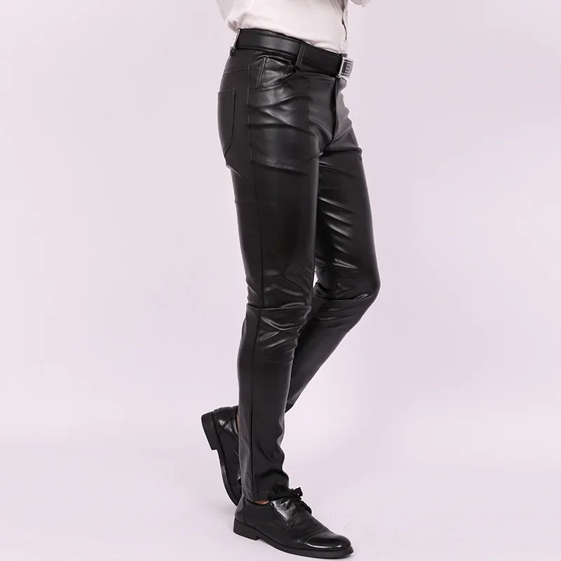 Men's Slim Fit Skinny Pants Tight Stretch Leather Pants Teen Trend Motorcycle PU Leather