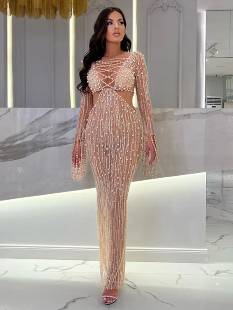 

Женское длинное вечернее платье, бежевое платье макси с длинным рукавом и блестками, украшенное жемчугом, лето 2024