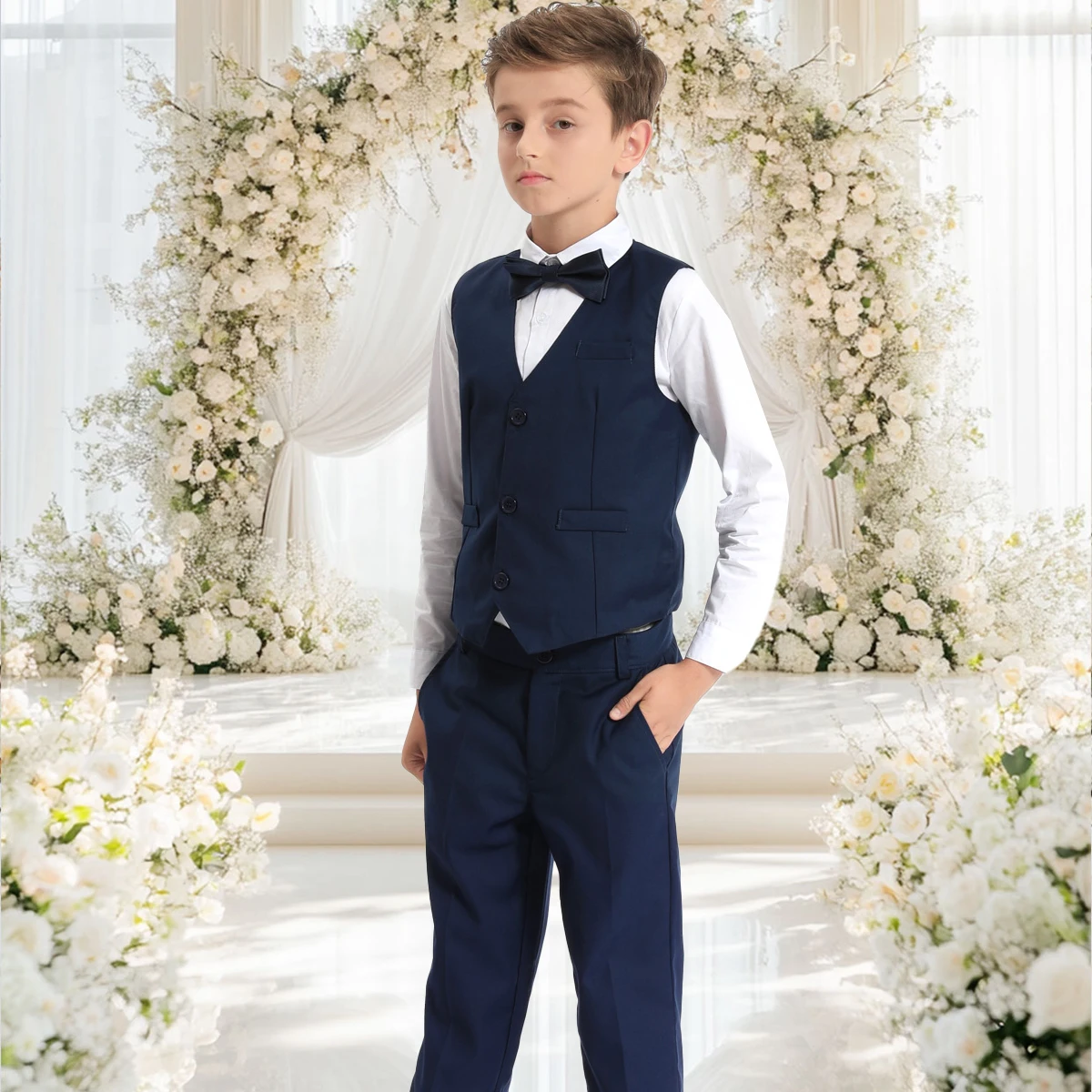 Kids Navy Dress Suit - Black Vest Boys Formal Blazer Toddler Wedding & Party Outfit