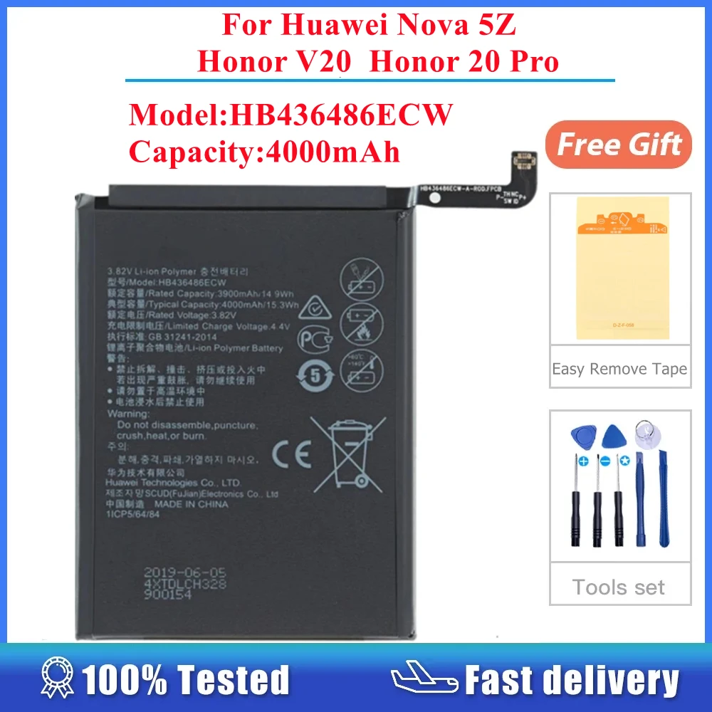 

For Huawei Nova 5Z Honor V20 Honor 20 Pro HB436486ECW 4000mAh Battery Rechargeable Accumulator