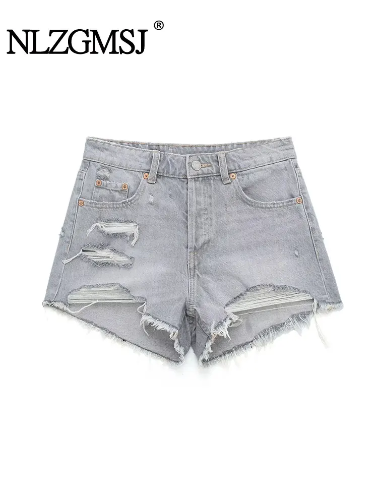 

Nlzgmsj TRAF Women Distressed Denim Shorts 2023 Summer Female High Waist Zipper Fly Jeans Shorts Pockets Bottoms