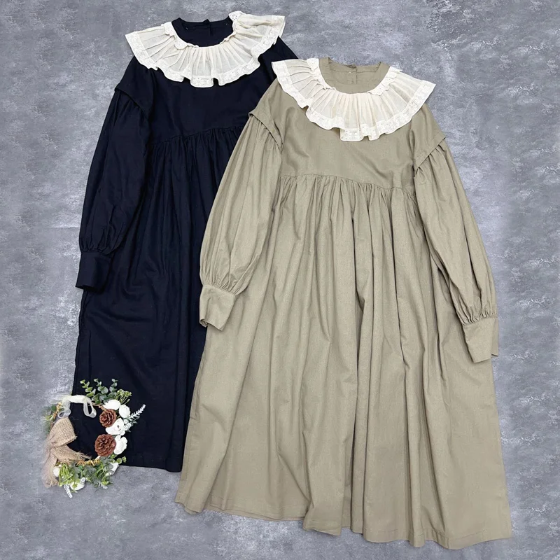 

Johnature Japanese Mori Women Ruffle Collar Cotton Dress Vintage Long Sleeves Casual Loose Simple Pockets 2024 Spring New Dress