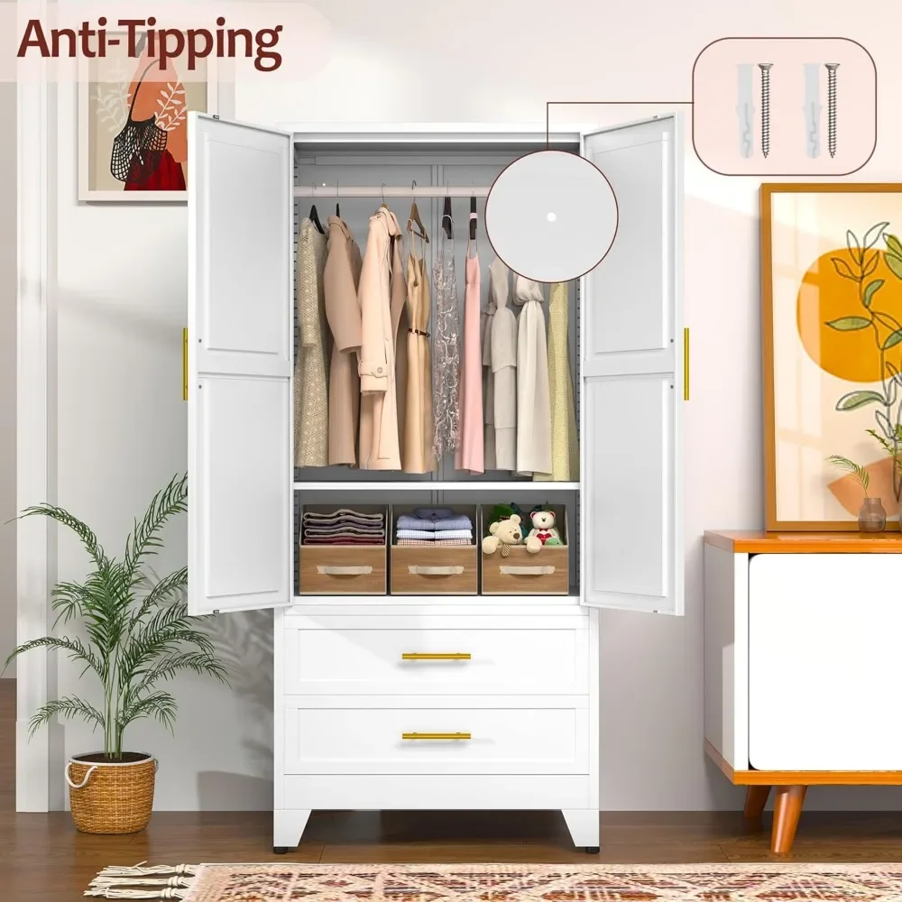 Metal Armoire Wardrobe Closet with 2 Drawers and Hanging Rod, 71'' Tall Wardrobe Cabinet with Doors and Adjustable Shelves 6