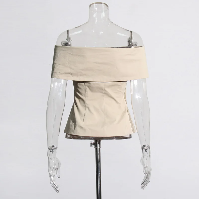 2024 Women's Elegant One Shoulder Khaki Jacket Summer Brand Design Off-Shoulder Slim Suit Top for Women