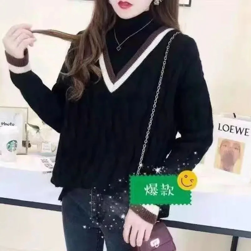 

Women Autumn And Winter New Plush Thickening Knitted Base Shirt Female Korean Loose Fitting Half high Collar Pullover Sweater