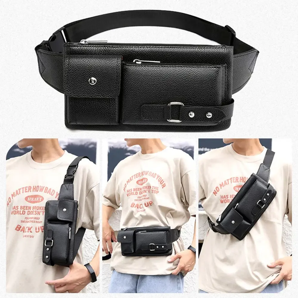 Leather Waist Bag Unisex Large Capacity Waterproof Outdoor Travel Fanny Pack with Phone Pocket Adjustable Belt for HikingRunning