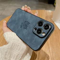 Elegant Maple Leaf Leather Pattern Phone Case with Lens Protection and Matte Finish - iPhone 13 (Navy Blue)