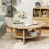 2-Tier Solid Wooden Circle Coffee Table for Living Room, Circular Rustic Farmhouse Coffee Table with Storage Shelf 1