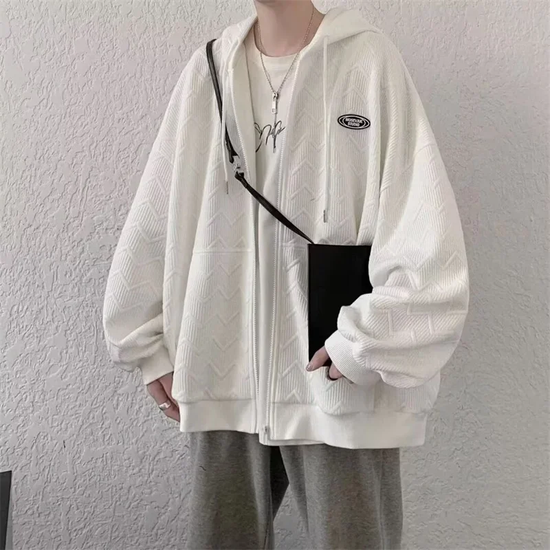Autumn Jacquard Zipper Hooded Sweatshirt Men Korean Fashion High Street Cardigan Casual Oversized Y2K Vintage Hoodies Jacket customized hoodies,men hoodie
