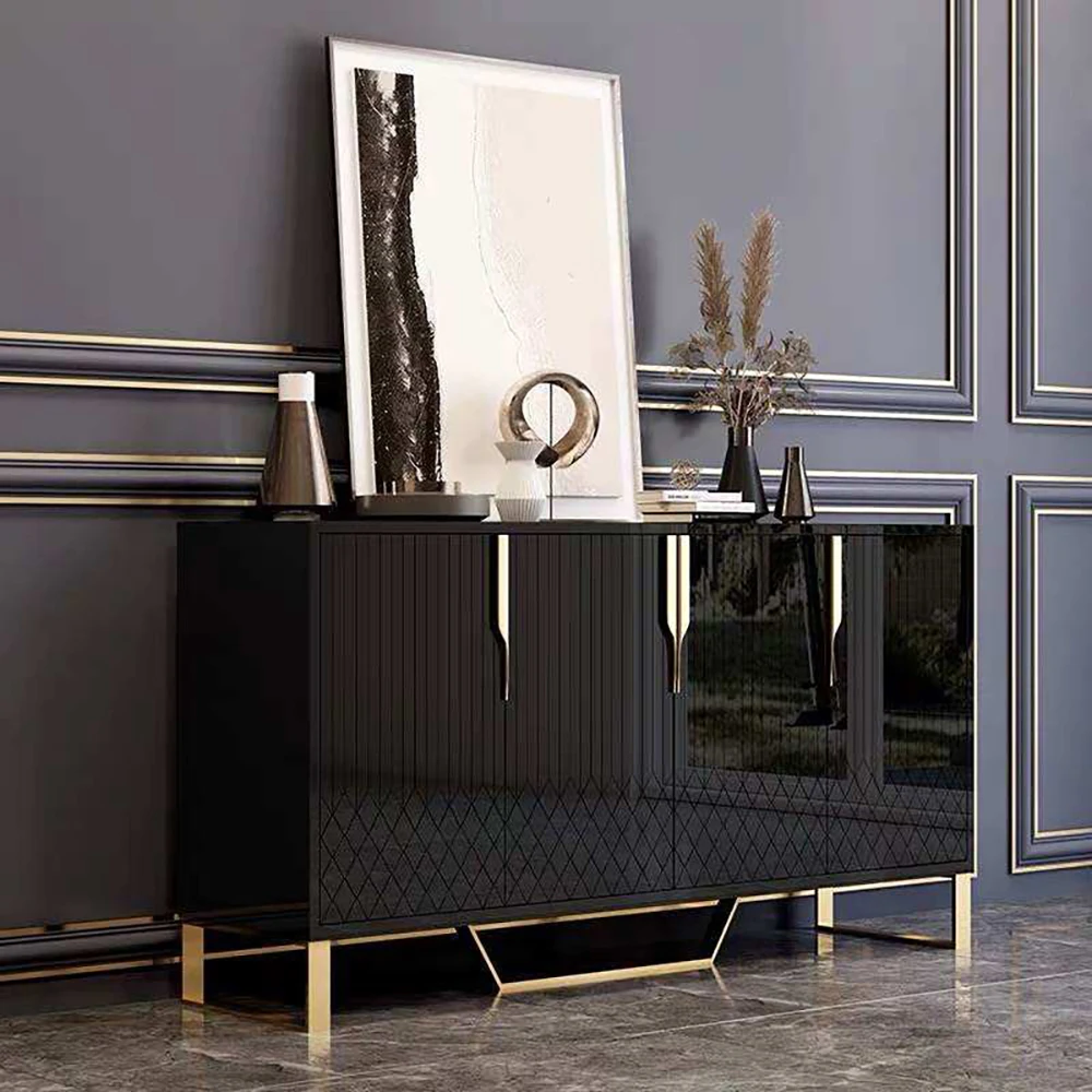Luxury Dining Room Black Color Gold Sideboard Modern Buffet Cabinet with 4 drawer Storage Wine Cabinet Furniture