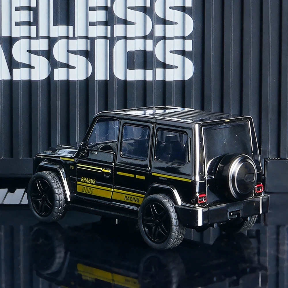 1:43 Scale Die-Cast G-Class Model Car, Black with Yellow Stripe Pull-Back SUV with Openable Doors & Spare Tire, Off-Road Vehicle