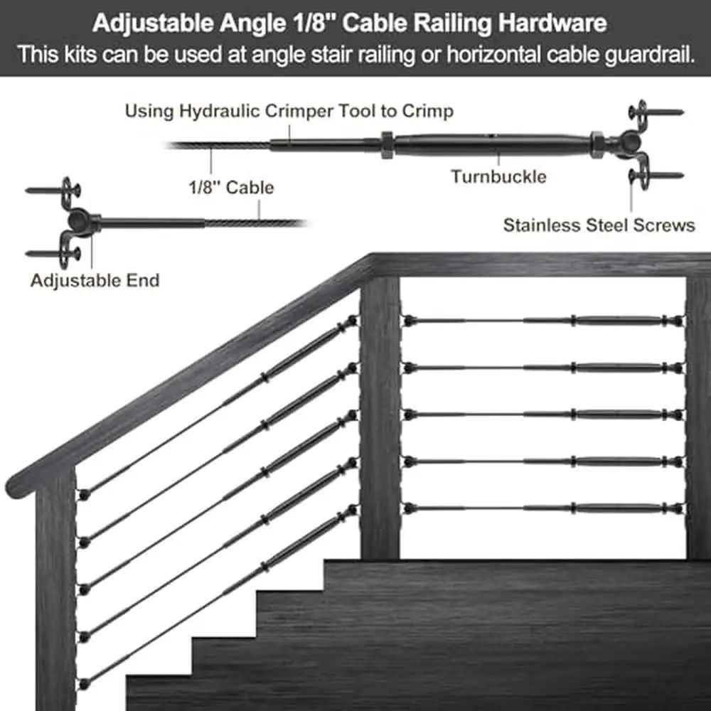 Black Stainless Steel 1/8" Cable Railing Hardware Kit 50 Pack Adjustable Angle Wood Posts Kit Swage End Fittings Lag Screws