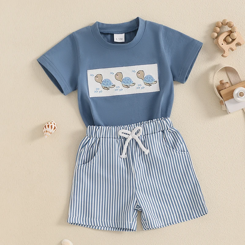 Lioraitiin Toddler Baby Boy Shorts Set Whale/Dinosaur/Turtle Short Sleeve T-shirts Striped Elastic Waist Shorts Summer Outfit 6