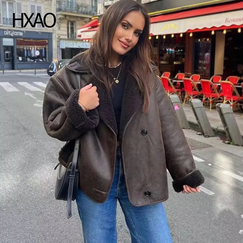 

HXAO Winter Sheepskin Coat for Women Cropped Fleece Jacket Wool Coats Fashion Long Sleeve Suede Bomber Jacket Loose Outerwear