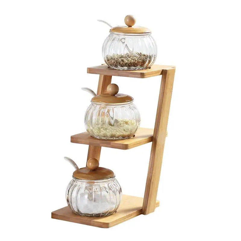 3 Piece Set Kitchen Supplies Ceramic Seasoning Pot Pepper Salt Glass Cruet Trapezoidal Bamboo Rack Tray
