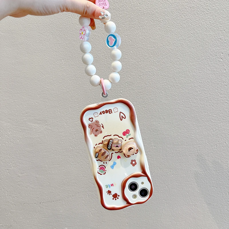 Cartoon Cute 3D Bear Bracelet Wave Phone Case For Samsung Galaxy S24 Ultra S23 S22 S21 S20 FE A25 A54 A34 A24 3D Soft Back Cover_voghion.com
