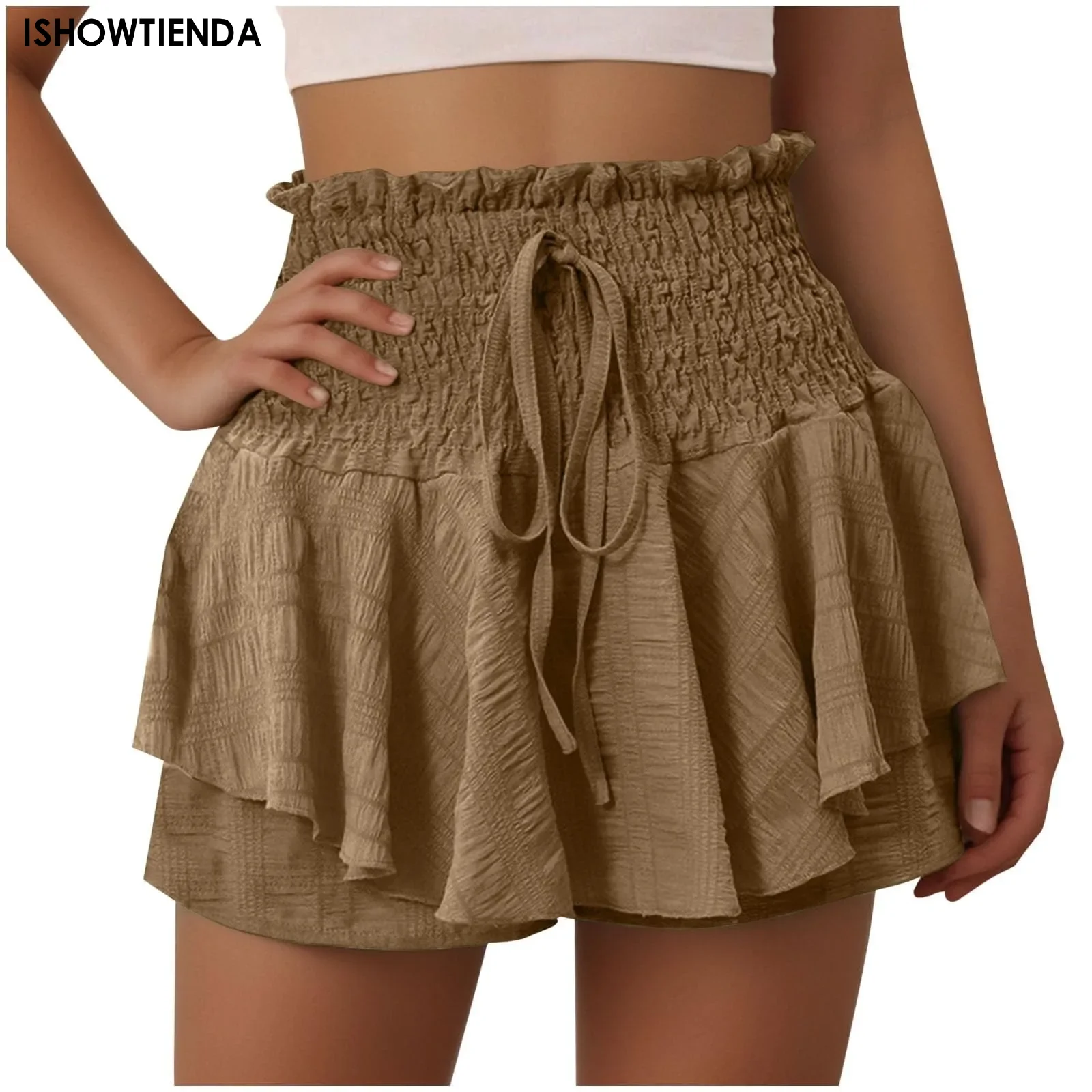 

Женские брюки-юбка со шнуровкой и широкими штанинами с рюшами, повседневные универсальные брюки-юбка с завышенной талией и шнуровкой